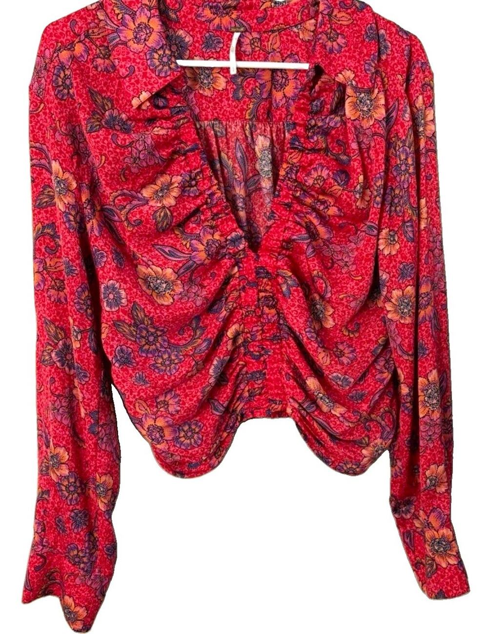 Free People $98 I Got You Floral Ruched V-Neck Cropped L/S Blouse Top Sz L